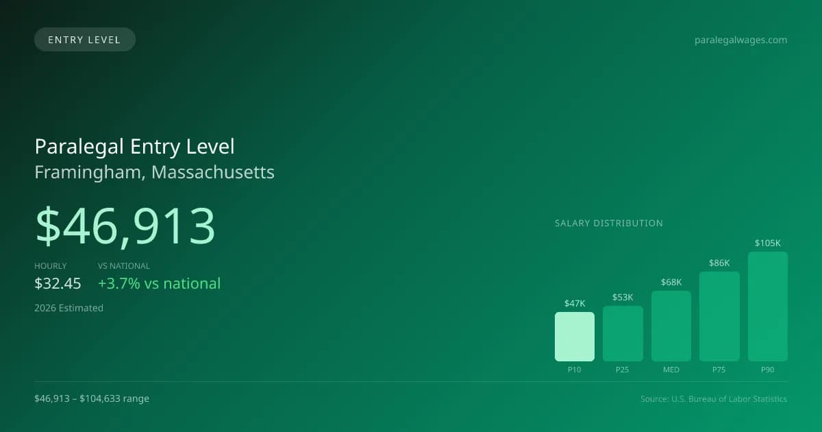Paralegal Entry Level Salary in Framingham, MA — 2026 est., based on 2025 BLS