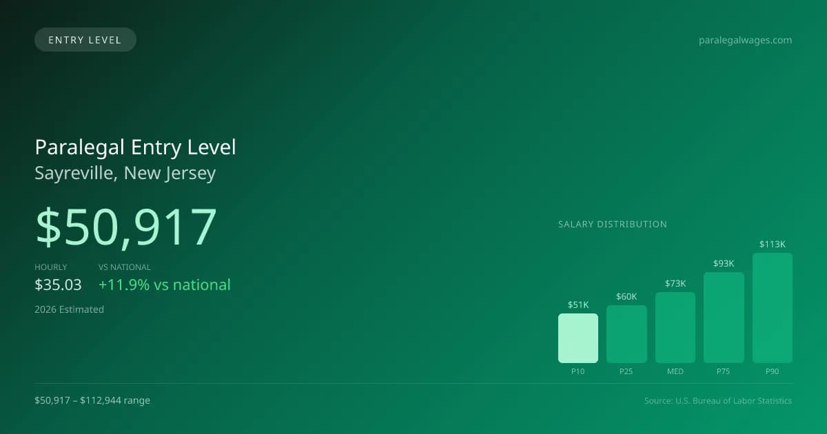 Paralegal Entry Level Salary in Sayreville, NJ — 2026 est., based on 2025 BLS