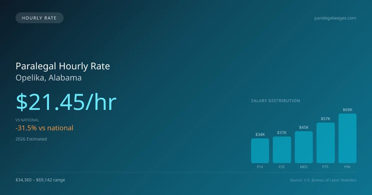 Paralegal Hourly Rate in Opelika, AL — 2026 est., based on 2025 BLS