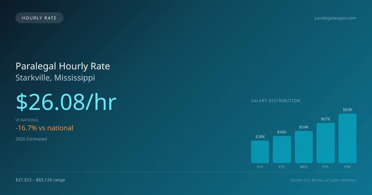 Paralegal Hourly Rate in Starkville, MS — 2026 est., based on 2025 BLS