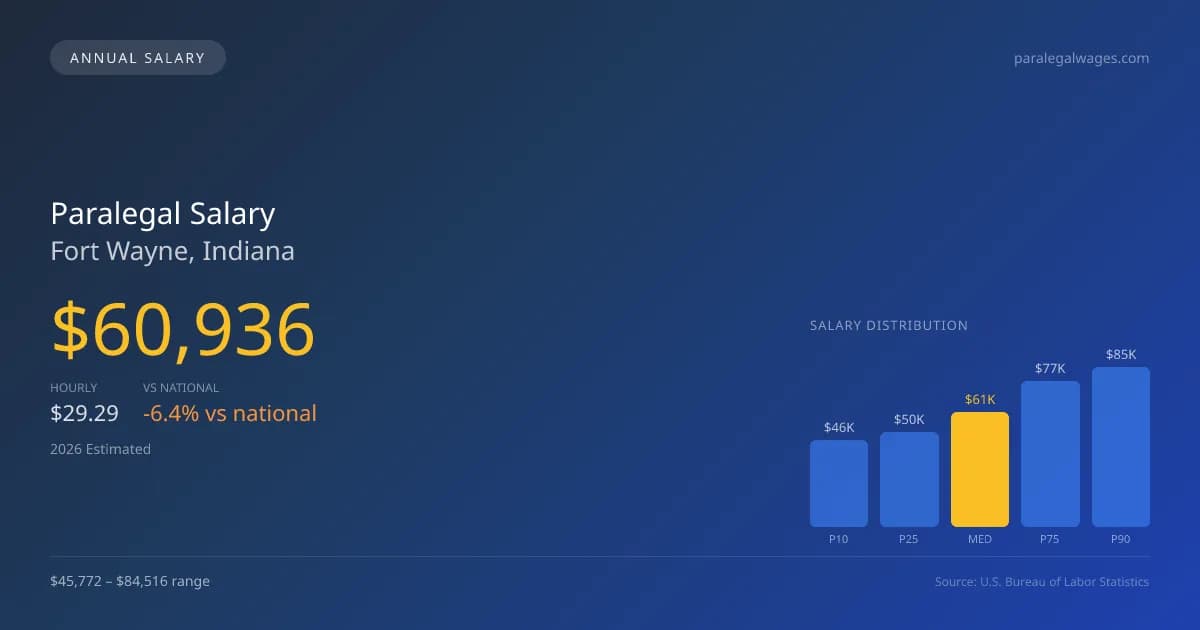 Paralegal Salary in Fort Wayne, IN — 2026 est., based on 2025 BLS