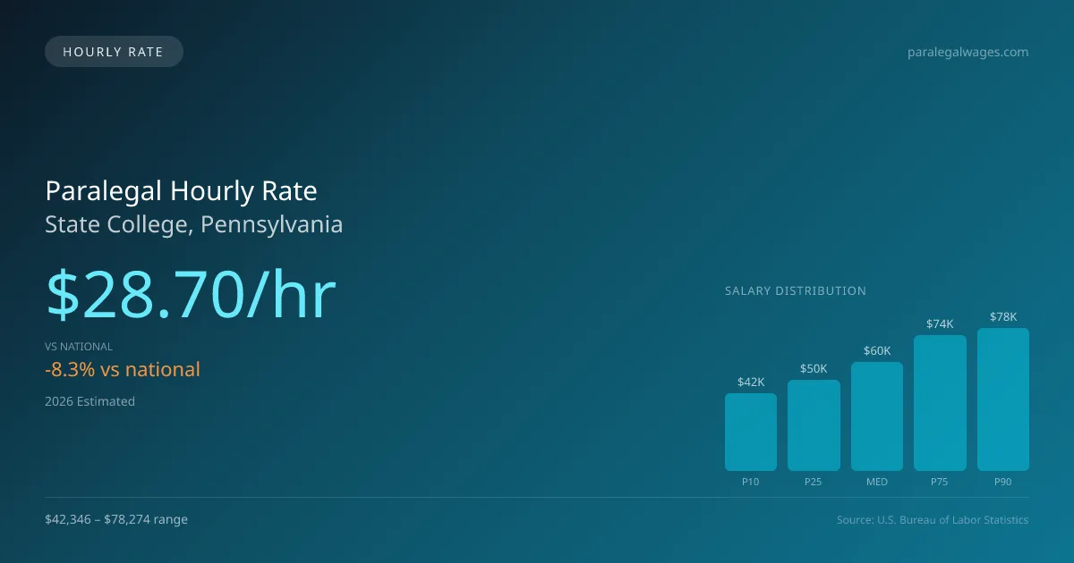 Paralegal Hourly Rate in State College, PA — 2026 est., based on 2025 BLS
